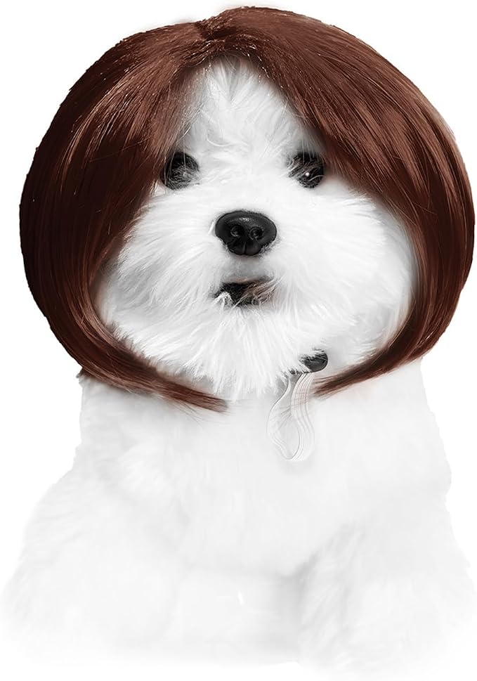 Cute Dog Wig for Small Dogs & Cat, Funny Pet Wigs Headband with Elastic Bands, 7 Inch Adjustable Dog Cat Costume Accessory for Halloween, Christmas & Cosplay (Brown)