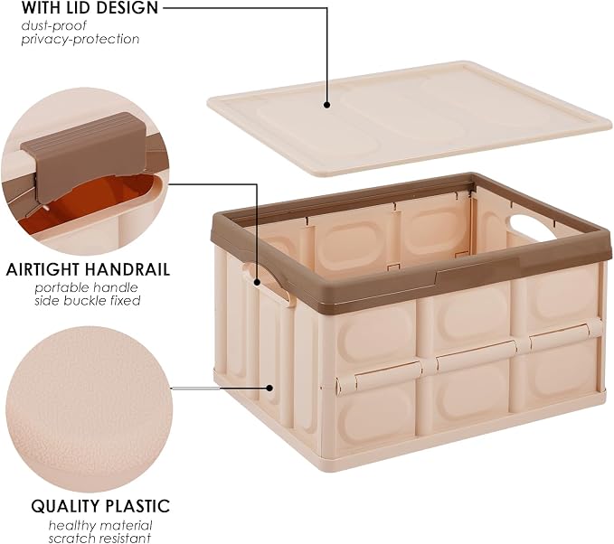 Phyllia Foldable Storage Boxes with Lids, 3-Pack Collapsible Plastic Storage Bins Organizer Containers Baskets Cub with Cover,Stackable Utility Crates Storage Box (Brown, 30L)