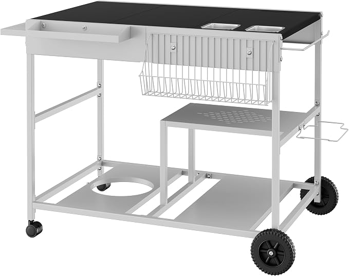 JY QAQA 54" Rolling Kitchen Prep Cart with Storage Basket & Shelves, Portable Kitchen Island Table with Wheels, Multi-Tier Metal Kitchen Workstation with Black Countertop for Food Prep & Organization