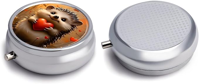 Hedgehog Heart Autumn Metal Round Pill Box, 3 Compartment Travel Organizer, Portable Pill Container with Secure Latch, 2 Inch Circular Vitamin Caddy for Pills and Vitamins, Gift for Him Her Elderly