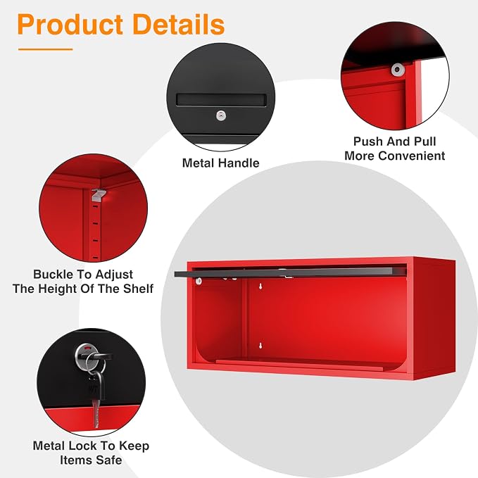 Metal Wall Storage Cabinet with Up-flip Door, Wall-Mounted Storage Cabinet for Garage, Warehouse, Home, Office, Assembly Required (Black Red, One Cabinet)