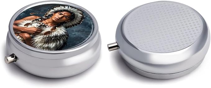 3 Compartment Medicine Pill Case, Indigenous People and Wolves Round Pill Box, Portable Decorative Medicine Organizer for Pocket Or Purse Vitamin Organize