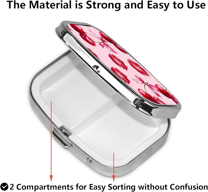 ABLESKY Pill Box, 2 Compartment Pill Organizer Case for Pocket or Purse, Small Portable Metal Travel Medicine Box with Mirror, Daily Vitamins Fish Oil Container-Cherry Pink Bow with Red Lips
