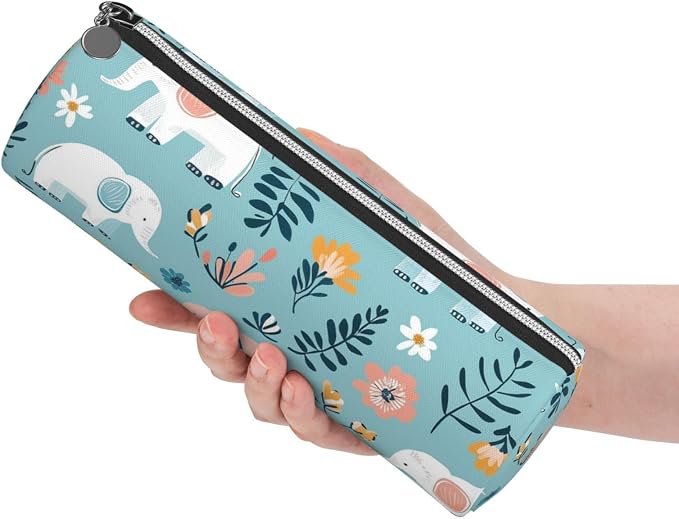 OSAM SPACE Leather Pencil Case Round Pencil Bag Elephants Flowers Leaves Pen Organizer Holder Portable Zipper Pouch Cute School Supplies for Girls Boys Study Office