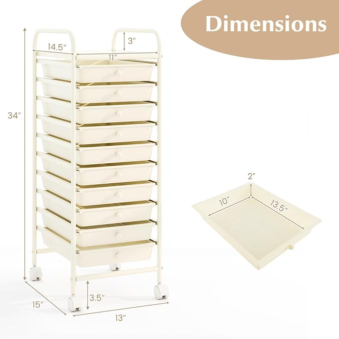 10 Drawer Rolling Storage Cart, Organization Cart on Drawers for Craft Makeup Paper Tool Art Supply, Versatile Utility Cart on Wheels for Home Office Classroom School (White)