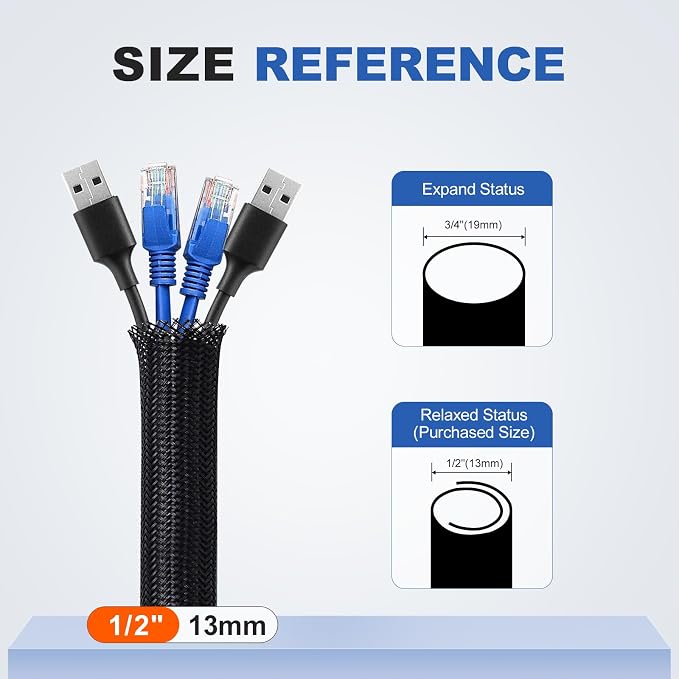 1/2" Cable Management Loom Wrap Sleeve Cord Wire Hider Organizer Covers | ELECFUN 16ft