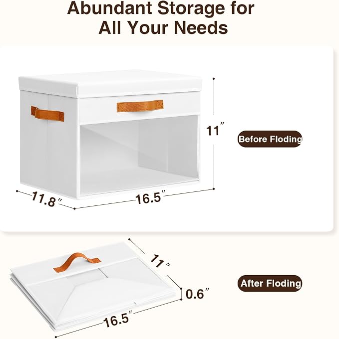 Large Storage Bins with Lids - 6 Pack Foldable Decorative Organizers with Clear Windows & Handles, Cube Storage Organizers for Clothes, Blankets, Sweaters, CD, White