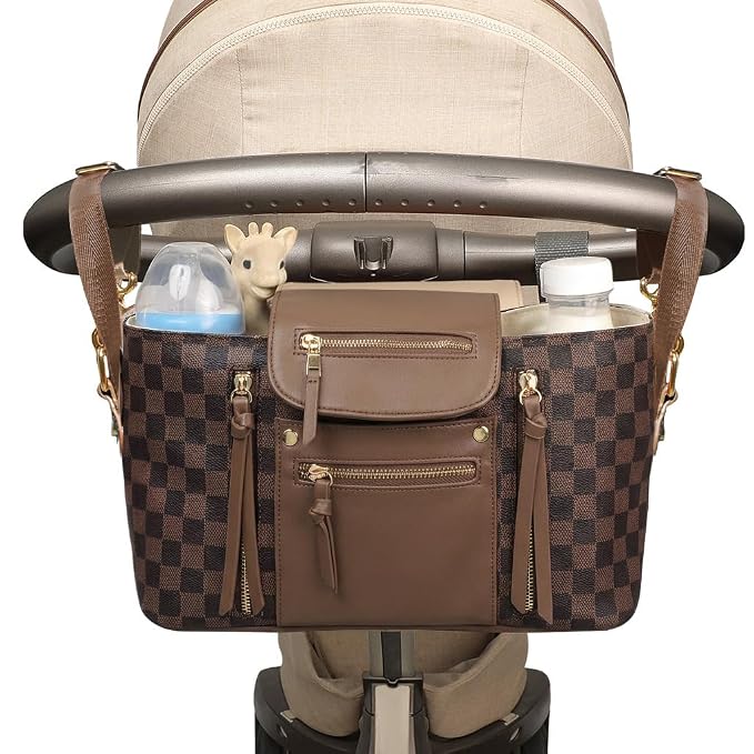 miss fong Checkered Stroller Caddy with Insulated Cup Holder Universal Stroller Organizer Bag Baby Storage Bag with Adjustable Strap, Fits for Baby Carriage like Uppababy, Baby Jogger, Umbrella
