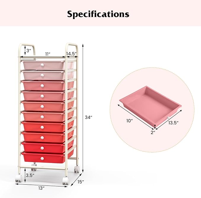 10 Drawer Rolling Storage Cart, Organization Cart with Drawers for Craft Makeup Paper Tool Art Supply, Versatile Utility Cart on Wheels for Home Office Classroom School (Gradient Pink)