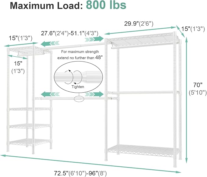 SEMHOR E01 Expandable Heavy Duty Clothes Rack, Free Standing Closet System | Adjustable Closet Organizers and Storage, Portable Garment & Clothing Racks for Hanging Clothes, 800LBS Max Load, White