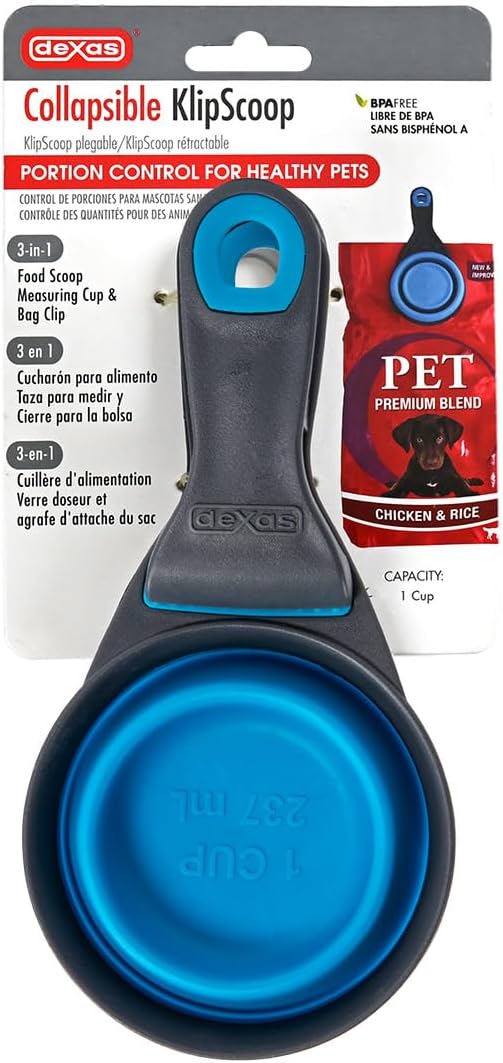 Dexas Popware for Pets Collapsible Klip Scoop, 3-in-1 Pet Food Scoop, Measuring Cup and Bag Clip, 1 Cup Capacity, Pro Blue