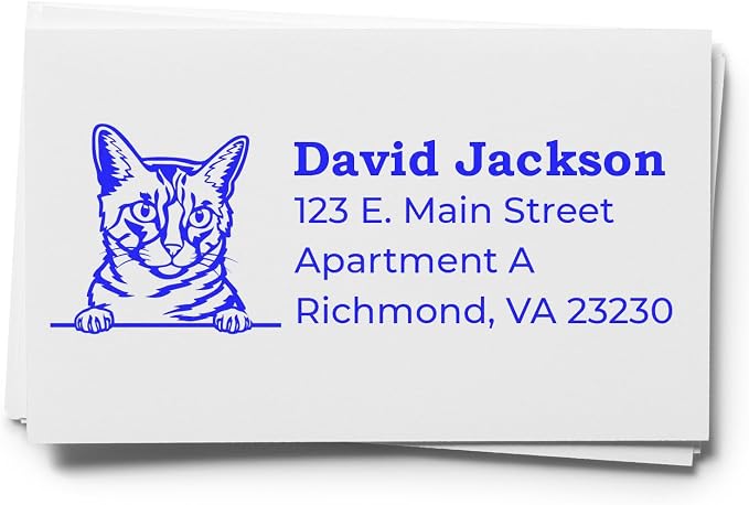 Peeking California Spangled Cat Wood Handle Address Stamp - Custom Stamper | Customised Address Stamp for Housewarming Gifts. One household per die. California Spangled Cat Stationery Stamp Custom.