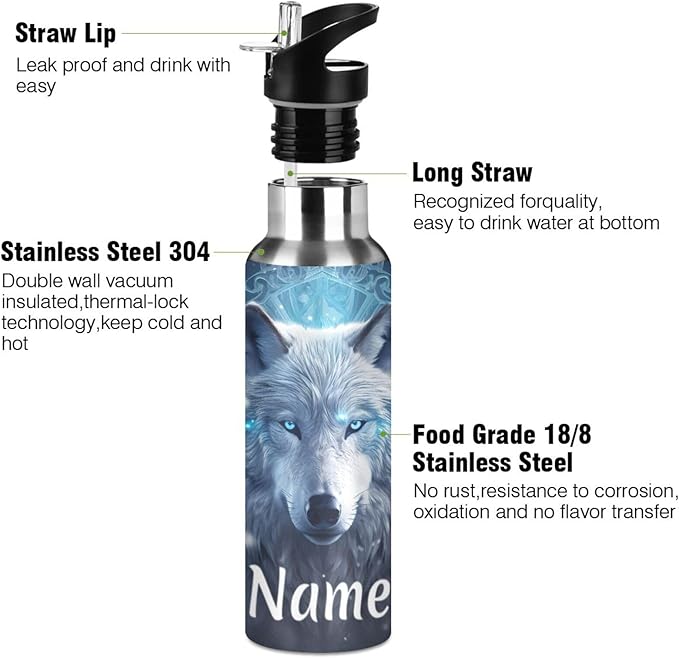 Custom Name Wolf Boho Water Bottle with Straw Lid Kids Insulated Stainless Steel Water Flask Sports, 20 Oz Hot Cold