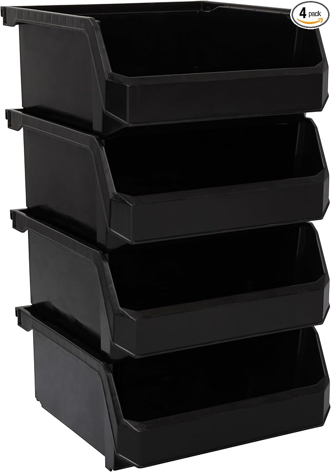 Medium-Wide Stackable Plastic Storage Bins, 4-Pack, Black | Open-Front Stackable Bins For Garage, Pantry, Closet & Office, 11"L X 11"W X 5"H, Nests When Empty, Durable Plastic