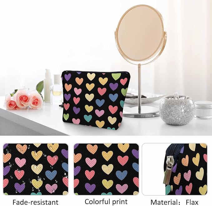 Makeup Bag Heart Makeup Bags For Purse Pouch, Colorful Love Hearts Travel Toiletry Bag Cosmetic Bag Makeup Bags Flax Makeup Organizer Bag Pencil Pouch For Man Woman