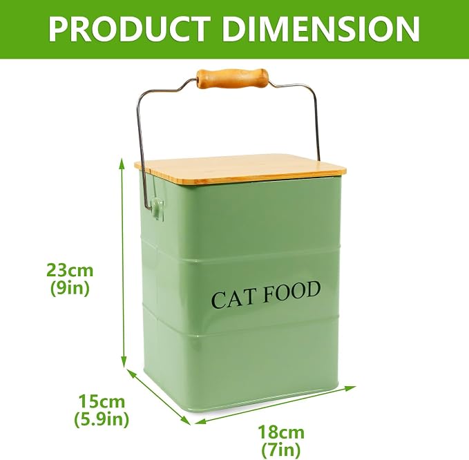 Morezi Cat food storage container storage bin with wooden lid scoop included green metal cat food container in kitchen countertop