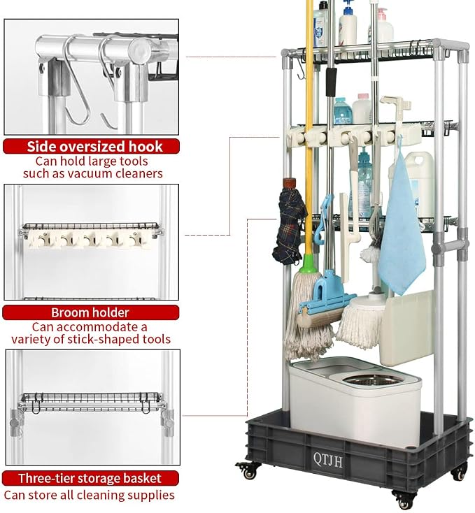 Storage Shelf Broom mop Holder Hold Your Cleaning Supplies Janitorial cart Steel Organizer Wire Rack