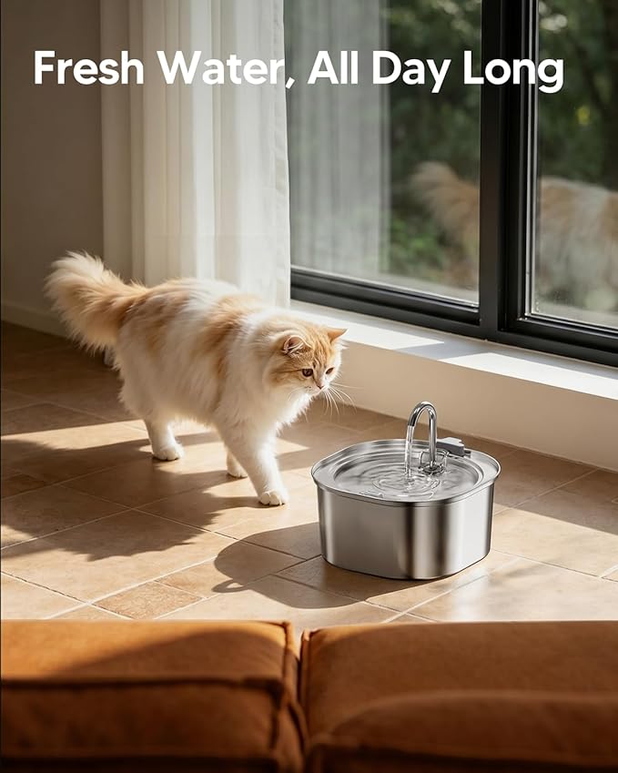PEKTACO Cat Water Fountain, 3.2L/108oz Stainless Steel Pet Water Fountain for Cats Indoor, Dog Drinking Dispenser Metal Kitty Spout with 6 Filters+ 6 Sponges