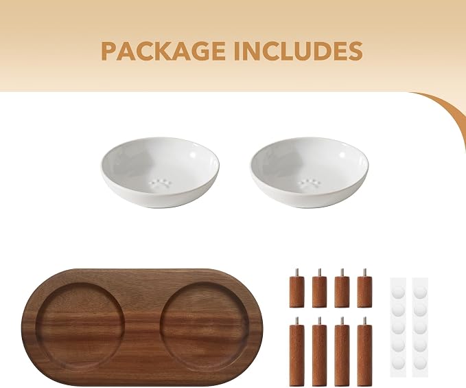 Havniva Elevated Cat Bowls, Ceramic Cat Bowl with Wood Stand, Wide Opening | 5.7” Raised Cat Food Bowls, Whisker Friendly Cat Dish, Anti-Slip Cat Water Bowls, Shallow Cat Bowls, Cat Food & Water Bowl