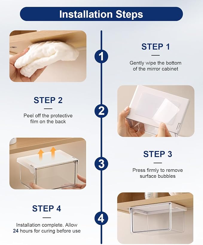 Hanging Cabinet Organizer – 33° Tilted Under Desk Drawer & Bathroom Storage – Self-Adhesive Clear Pull-Out Bins for Kitchen, Office & Vanity (Large)