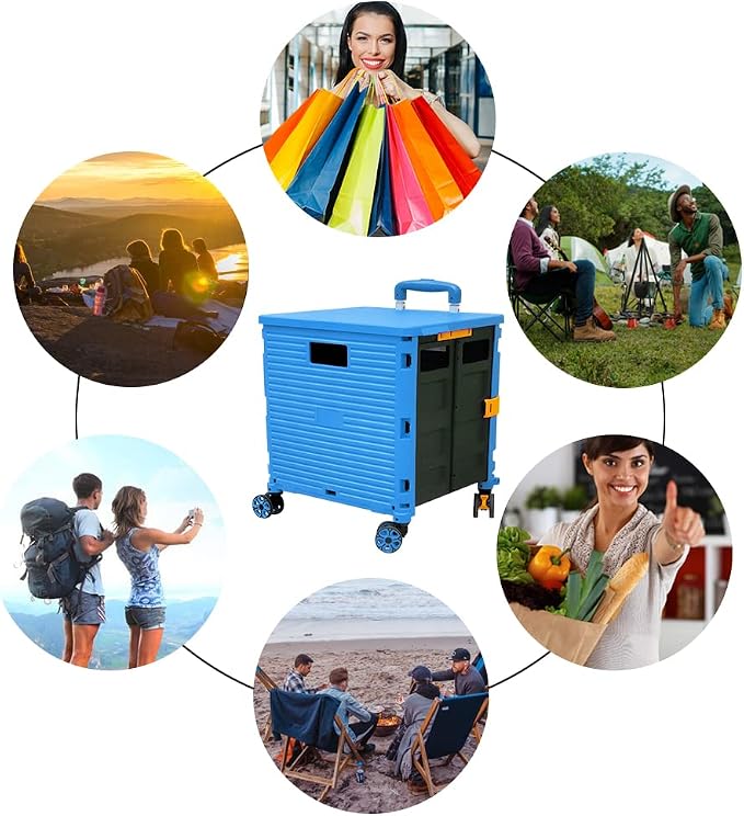 FELICON SELORSS Foldable Utility Cart Portable Rolling Crate-Light Blue | Durable,Heavy Duty,Plastic Box,Telescoping Handle,4 Rotate Wheels,Collapsible Handcart for Travel Shop Move Luggage Office