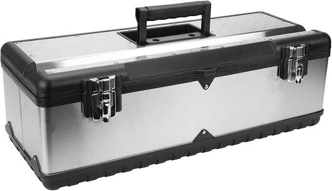 Performance Tool W54026 26 in. Steel Tool Box with Removable Tote | Heavy duty steel storage box and organizer. Recessed ergonomic comfort handle. Strong double latch with padlock eyehole