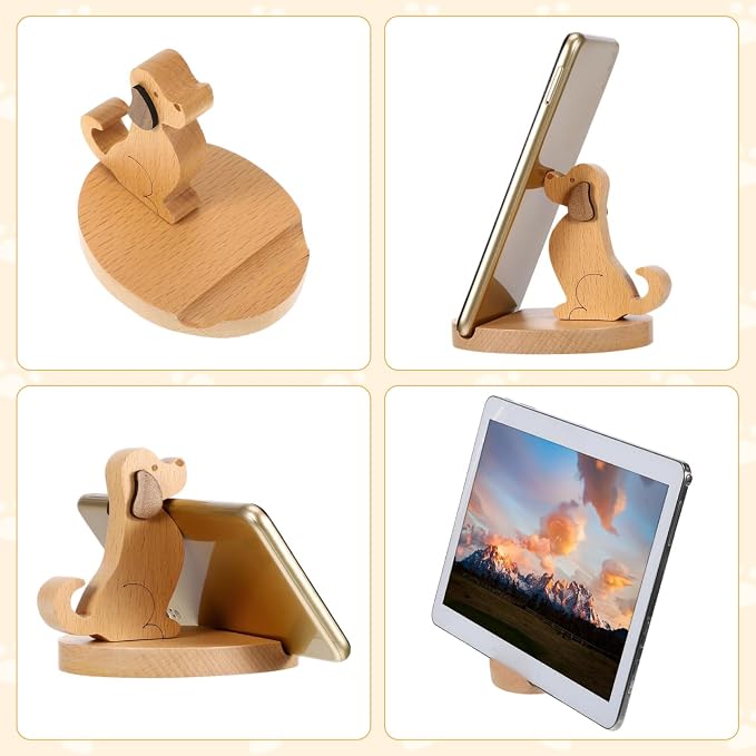 Didiseaon Wooden Dog Cell Phone Holder Cute Puppy Shape Smartphone Stand Tablet Dock Hands Free Mount Office Desk House Decor Accessory Chocolate Beech Wood Funny Creature Desktop Display 3.81 Inches