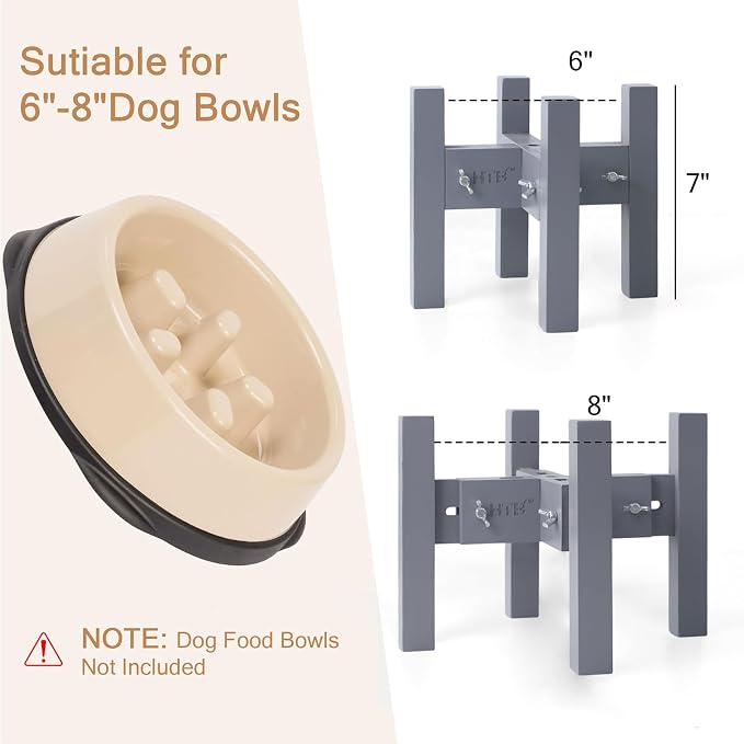 Elevated Dog Bowl Stand Adjustable Dog Food Holder 7”H Small Grey | 7” Elevated Dog Bowl Stand, Small Dogs, Adjustable, Fits 6”-8” Bowls, Single Bowl Holder, Natural Bamboo, Classic Grey