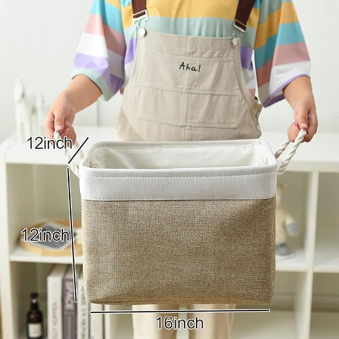Organization and Storage Basket for Gifts Empty - 16x12x12 inch Cube Storage bin 3 Pack Fabric Storage Cubes, Collapsible Baskets for Organizer Closet Cloth Gift Toy (White & Khaki)