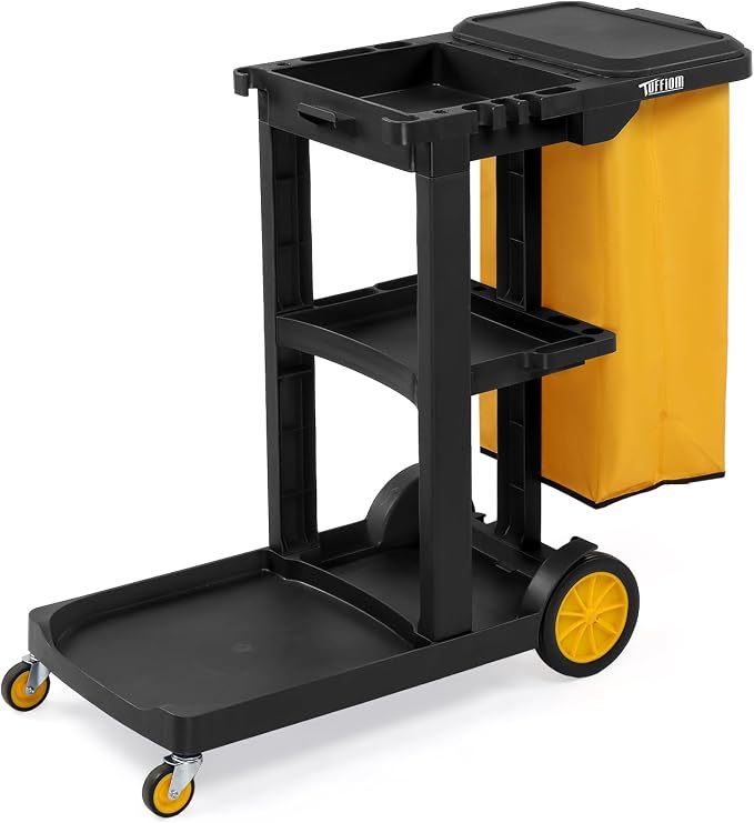 TUFFIOM Commercial Traditional Cleaning 3-Shelf Janitorial Cart, 500 Lbs Capacity Housekeeping Cart, Wheeled with Yellow VinylBag and Cover w Lid, Black,