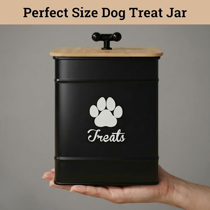 Dog Treat Container Airtight, 6"W x 8"H, Powder Coated, 12 Cup Capacity | Fits All Popular Treats, 12 Cup Capacity, Airtight Bamboo Lid, Easy Open Lid, Dent-Resistant Durable Metal Bone-Shaped Handle