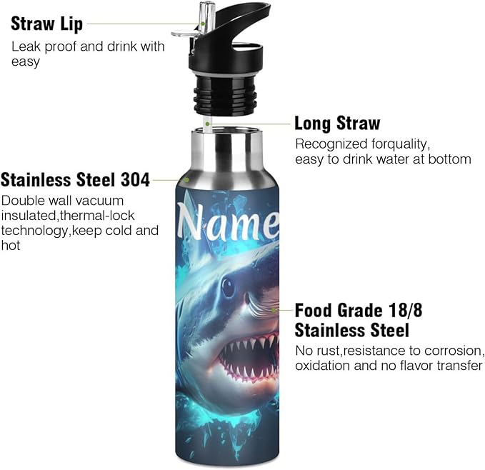 Custom Name Blue Shark Water Bottle with Straw Lid Kids Insulated Stainless Steel Water Flask Sports, 20 Oz Hot Cold