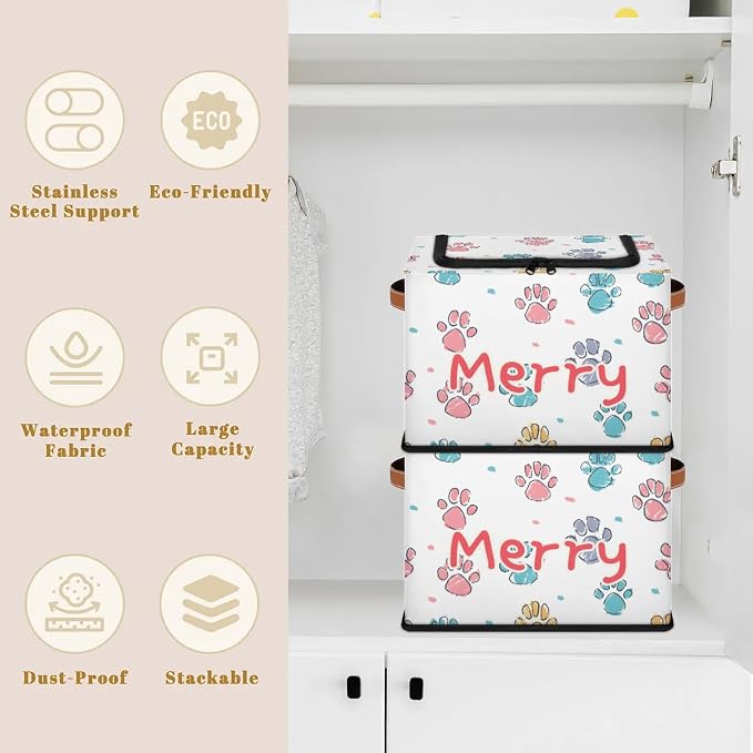 Custom Cute Footprint Storage-Bin With Zipper Lid for Kids-Girls-Boys-Baby-Pet,Personalized Name Foldable Storage Box with Handle,Baby Basket With Label for Bedroom Nursery Toy Clothes,White