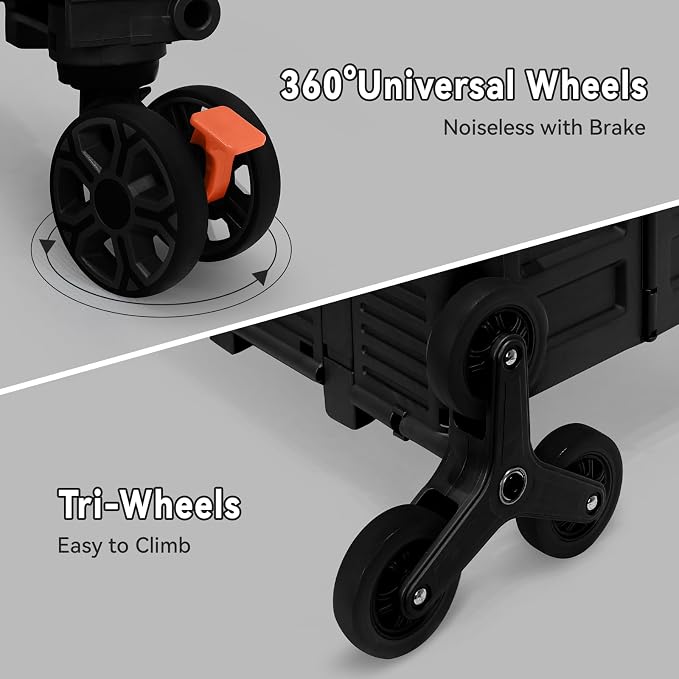 Foldable Utility Cart Portable Crate Rolling Dolly with Telescopic Handle,Can be Pulled diagonally, Magnetic Retractable Lid, 360°Swivel Climbing Wheels for Shopping Carrying Groceries Move Black