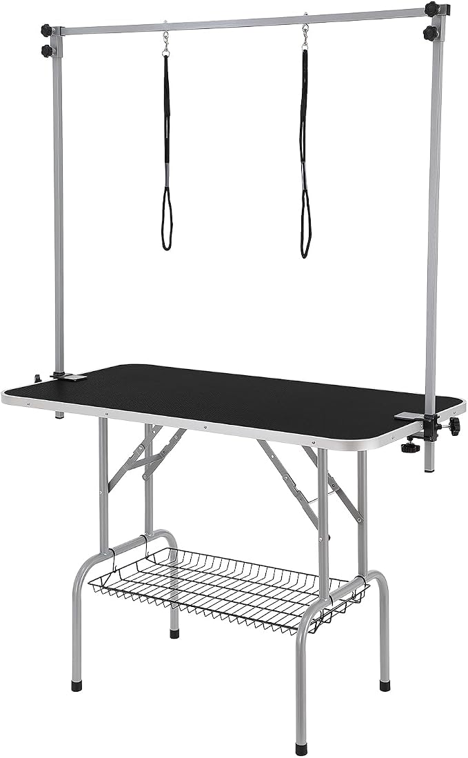 VEVOR Pet Grooming Table, 46 Inch Grooming Station with 2 Height Adjustable Arms, 330LBS Static Load Capacity, Foldable Dog Groom Station with No-Sit Haunch Holder with Loop, for Medium/Small Dogs