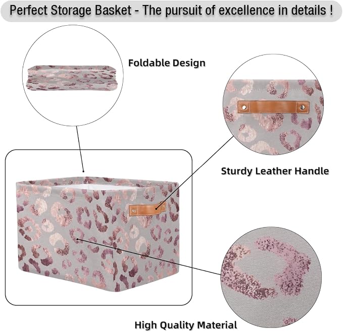 SEULIFE Rose Gold Leopard Print Pink Foldable Storage Basket, Large Collapsible Organizer Storage Bin Cube Toys Storage Boxes with Handles for Bathroom Kids Nursery Closet Storage, 1 Pack