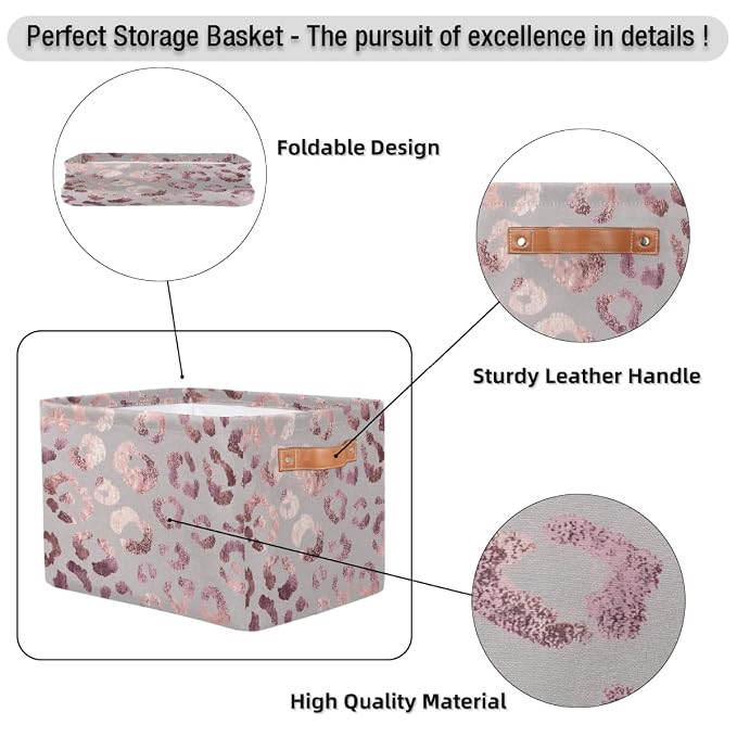 SEULIFE Rose Gold Leopard Print Pink Foldable Storage Basket, Large Collapsible Organizer Storage Bin Cube Toys Storage Boxes with Handles for Bathroom Kids Nursery Closet Storage, 2 Pack