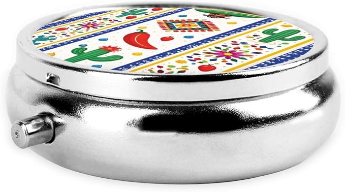 Colorful Mexican Stripe Pepper Portable Pill Organizer | 3 Compartment, With Mirror, For Men Women, For Daily Supplements, Vitamins, Fish Oil, Jewelry, Candy, Travel