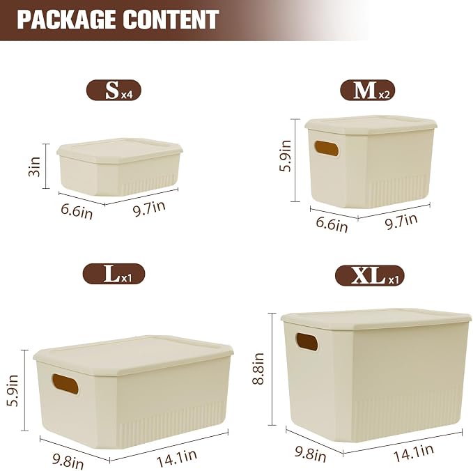 ANMINY Plastic Storage Bins Baskets with Lids, 8-Pack, 1XL+1L+2M+4S | Large Plastic Bins, Sturdy PET, with Handles, Stackable, Opaque Storage Boxes, for Closet Shelves Desk, Ivory Lids