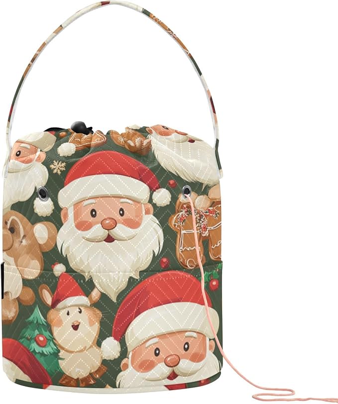 Tatenale Crochet Bag Yarn Bag Knitting Project Bag with Pockets and Handle Portable Yarn Storage Organizer Tangle Free 8.3x11 InchGreen Christmas Santa Claus and Cookies16