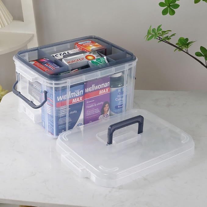 HEY FOLY 15qt Blue Medicine Organizer Storage Box with Tray, Plastic First Aid Box Empty, Thickened Medicine Container Chest, Multipurpose Medical Case with Labels, Blue Medicine Caddy