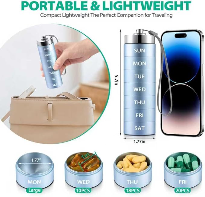 Metal Pill Organizer, Travel Large Weekly Pill Box, 7 Day Pill Container | OUVBTX Aluminum Alloy Waterproof Pill Case Container, 7 Day Daily Medicine Organizer for Vitamin, Fish Oil, Supplement, Blue