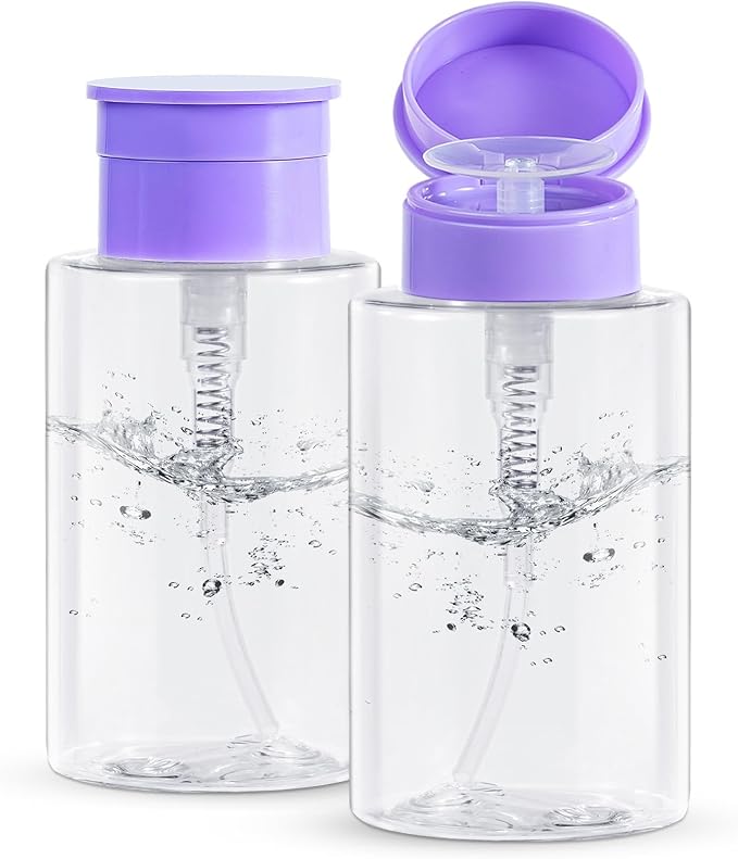 Nail Polish Remover Pump, YAMYONE 2 Pack Acetone Pump Dispenser, Alcohol Dispenser Push Down Empty Lockable Pump Dispenser Bottle for Nail Polish and Makeup Remover, 200ml(6.8oz) (Transparent Purple)