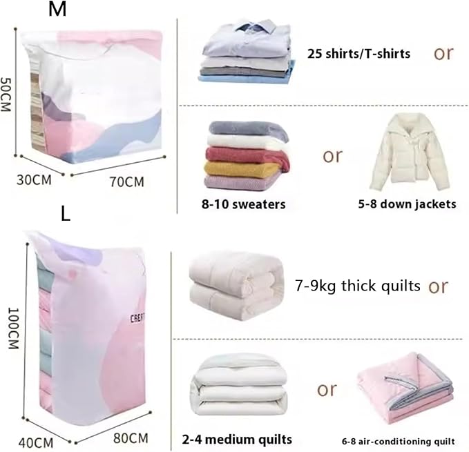 No Pump Large Vacuum Storage Compression Bags,Space-Saving Heavy-Duty Large Capacity Pump-Free 3-Sec Fast Compression Bag With Press & Seal for Clothes, Blankets，4M+4L
