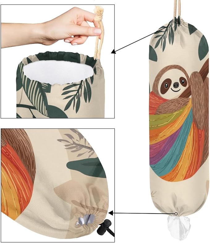 Tree Fern Sloth Plastic Bag Holder Colorful Stripes Grocery Bag Storage Dispenser Washable Hanging Shopping Bags Carrier Reusable Wall Mount Trash Bag Organizer for Kitchen Pantry