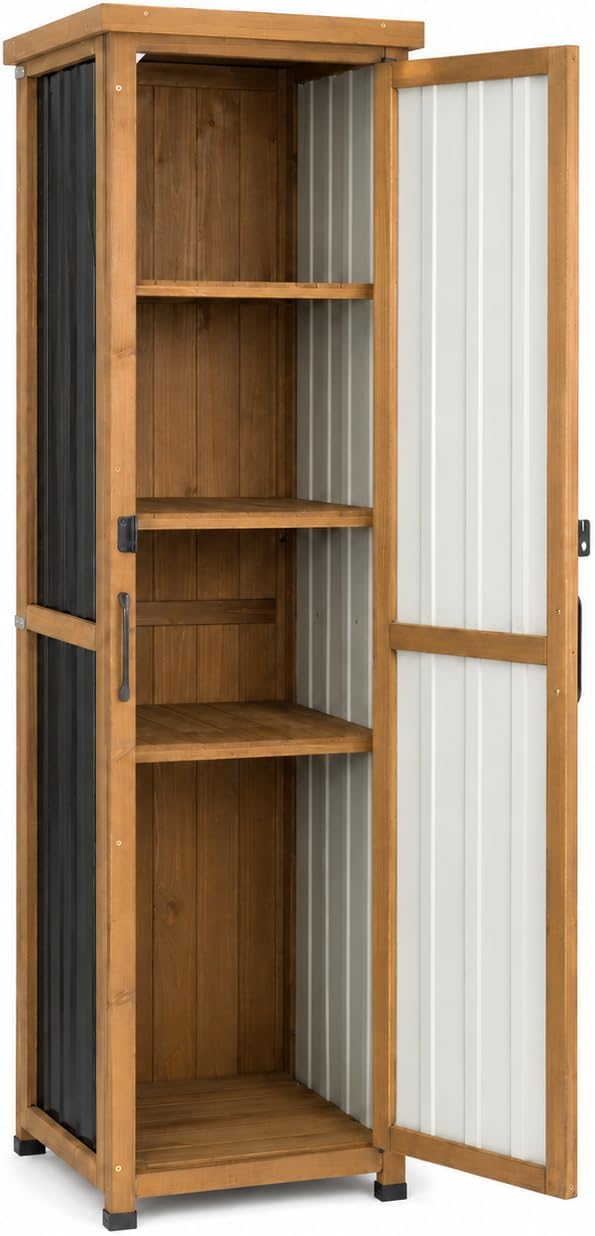 Ketive Tall Narrow Outdoor Storage Cabinet, 62-Inch, 3 Adjustable Shelves | Fir wood frame and corrugated metal panels with a protective top for garden tools on covered patios, porches and garages.