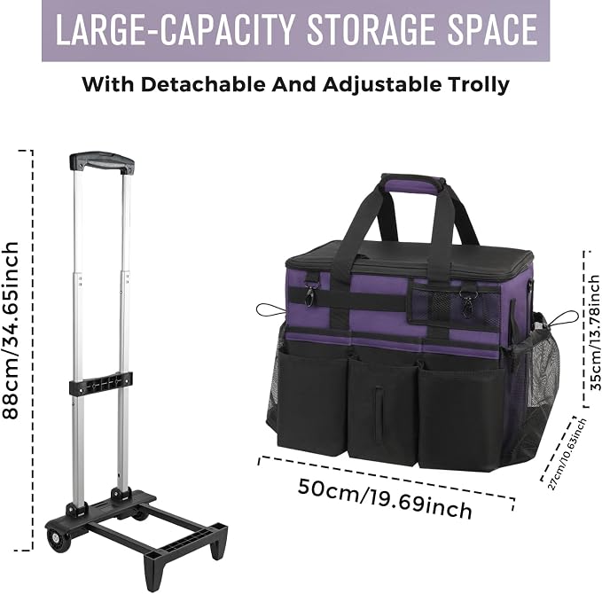 SCAVATA Rolling Cleaning Caddy Bag with Detachable Trolley, Large Cleaning Supplies Organizer with Wheels, Multi Pocket Cleaning Cart with Adjustable Shoulder Strap for Housekeeper & Home, GrapePurple