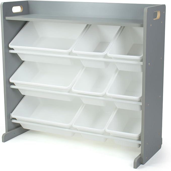 Humble Crew Kids Toy Organizer with Display Shelf, 9 Bins, 3 Tier Storage | Sturdy wood and steel toddler shelf, removable BPA-free containers, wall anchor anti-tip safety kit for bedroom or classroom