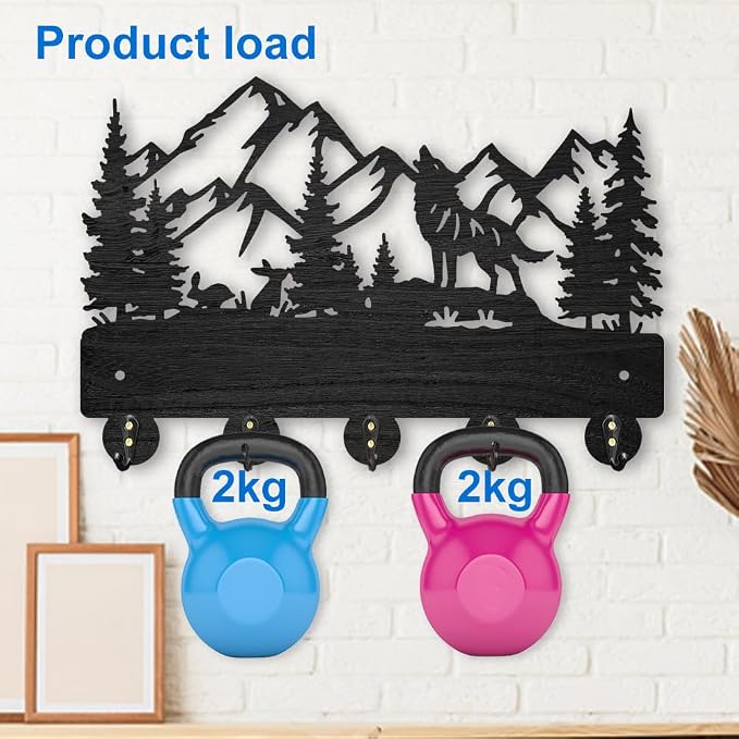 MAYJOYDIY Wolf Rabbit Forest Coat Hooks Wood Animal Moutain Key Holder Wall Mount 11.8×7.9inch Key Hanger Wall Art Decor 5 Alloy Hooks Black Key Rack Organizer for Gift Entryway Hallway Kitchen Room