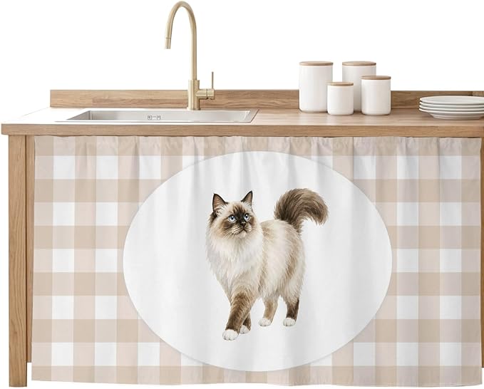 Ragdoll Cat Cabinet Curtain 28"Wx51"L,Dustproof Storage Cabinet Curtain with Self Adhesive Tape,Modern Linen Plaid Farmhouse Pet Cats Tall Pantry Cover Drape for Kitchen,Laundry Room,Utility Closet
